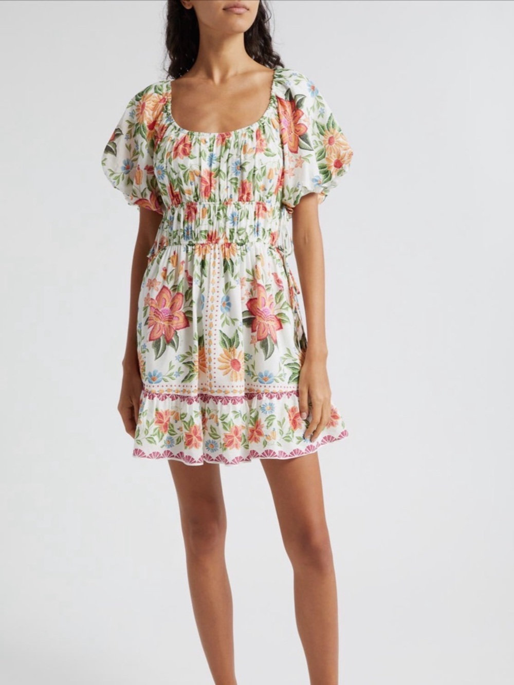 White Floral Peasant Dress with Pink & Orange Embroidery